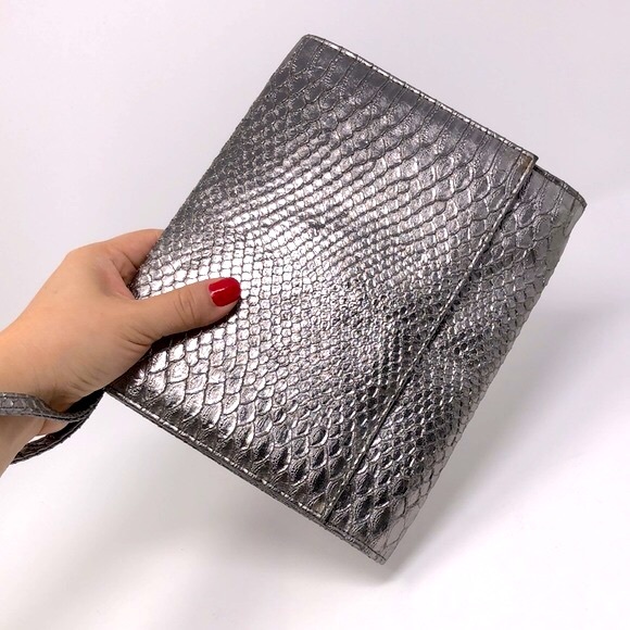 Neiman Marcus Handbags - Neiman Marcus Silver Vegan Leather Metallic Snake Embossed Clutch Wristlet